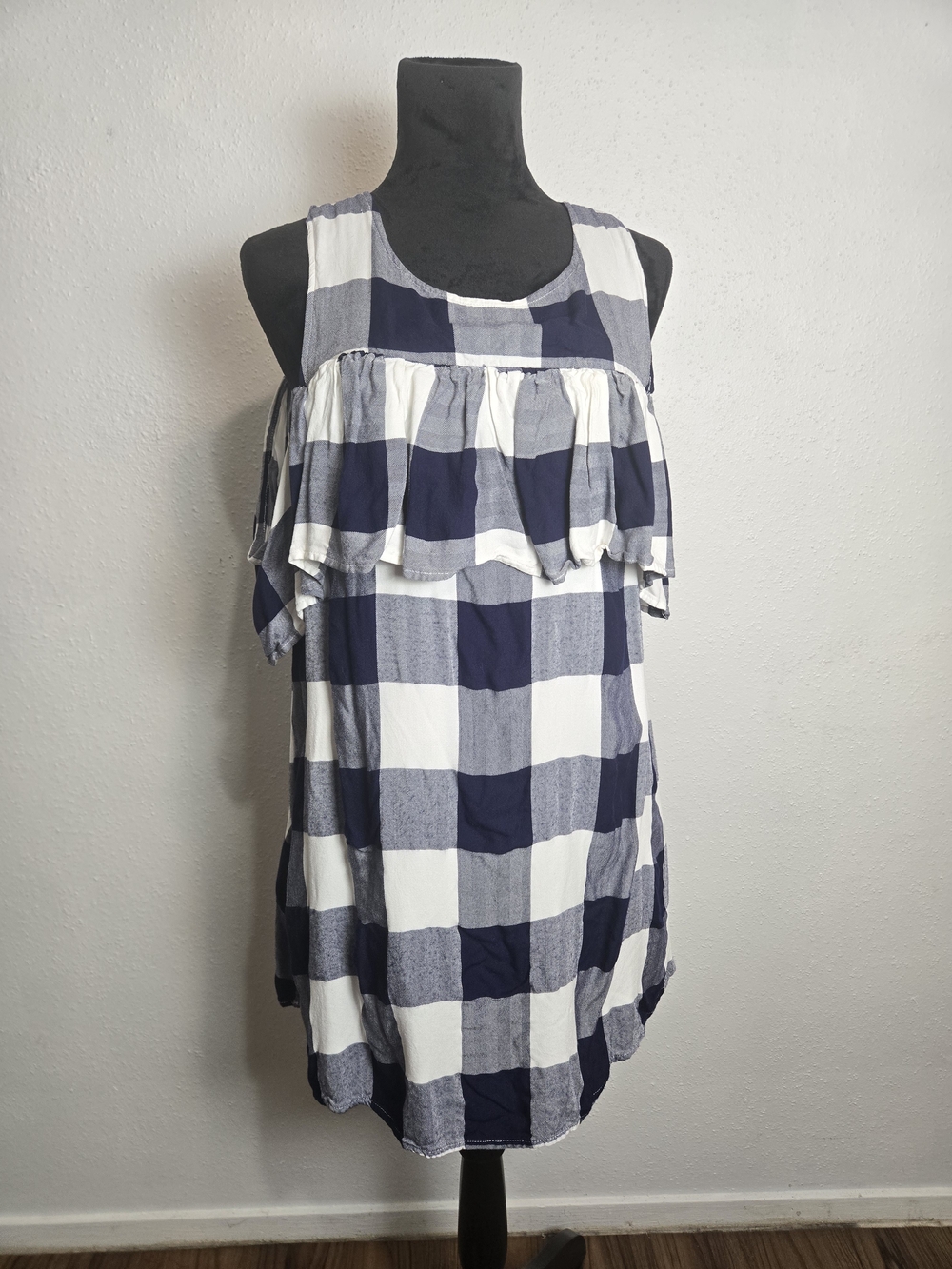 Copper Key Navy and White Gingham Ruffle Cold-Shoulder Dress Copper Key